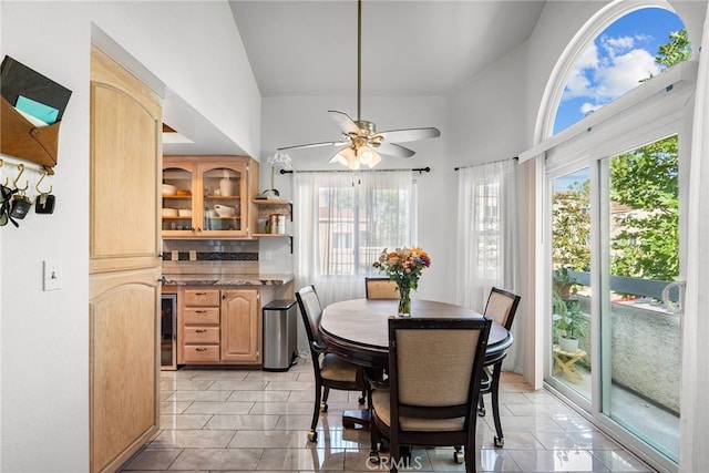 19852 Sandpiper Pl Unit 96, Newhall, CA 91321 - dining room with plenty of natural light, beverage cooler, ceiling fan, and light tile patterned floors