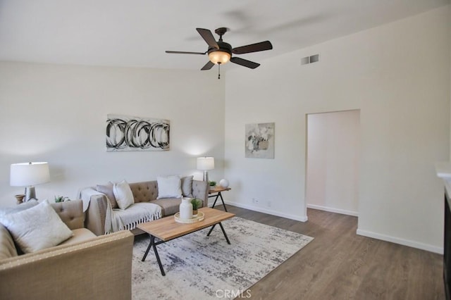 45 Via Hermosa, Rancho Santa Margarita, CA 92688 - living room featuring a ceiling fan, baseboards, wood finished floors, and vaulted ceiling