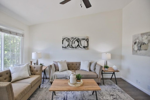 45 Via Hermosa, Rancho Santa Margarita, CA 92688 - living room with ceiling fan, wood finished floors, and baseboards