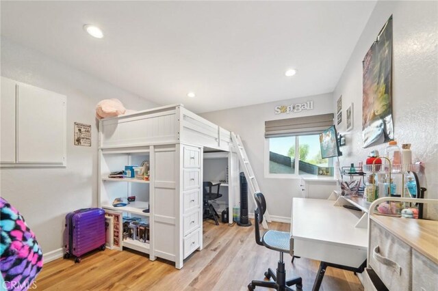7906 Appaloosa Ct, Rancho Cucamonga, CA 91701 - bedroom with light wood finished floors, an office area, baseboards, and recessed lighting