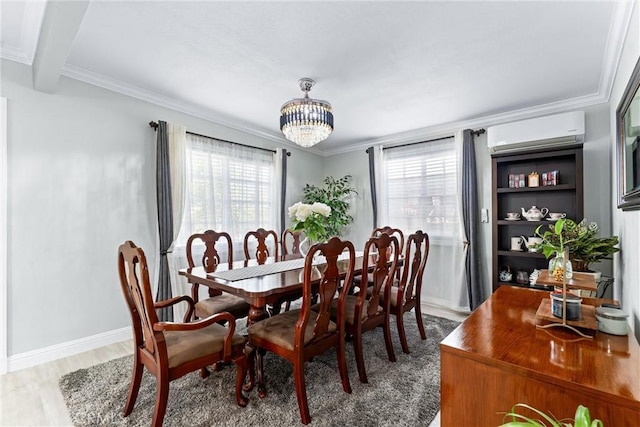 20402 Pioneer Blvd, Lakewood, CA 90715 - dining area with an AC wall unit, plenty of natural light, a chandelier, wood finished floors, and crown molding