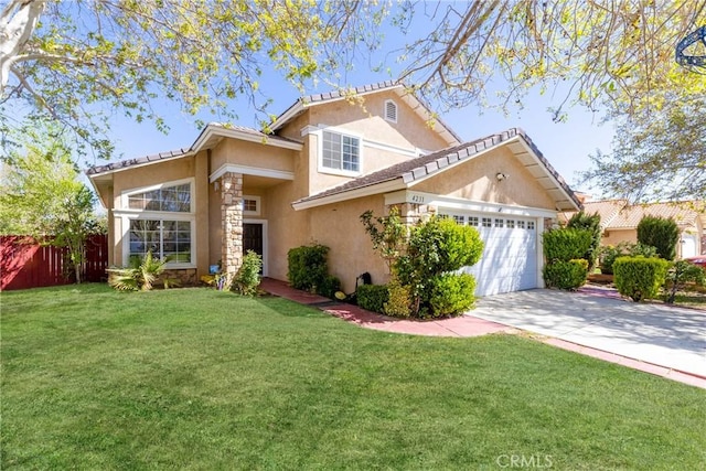 4231 Sage Ct, Palmdale, CA 93552 - traditional-style home featuring a garage, driveway, stucco siding, stone siding, and a tile roof
