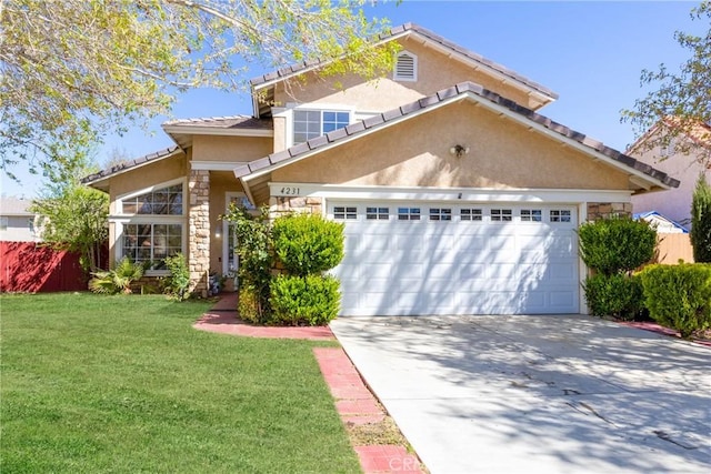 4231 Sage Ct, Palmdale, CA 93552 - view of front of property with stone siding, stucco siding, driveway, a garage, and a tiled roof