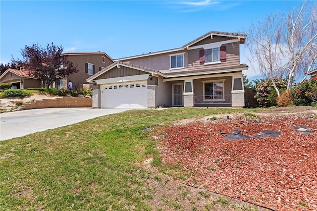 38701 Annette Ave, Palmdale, CA 93551 - view of front facade with stucco siding, a garage, concrete driveway, a front yard, and covered porch