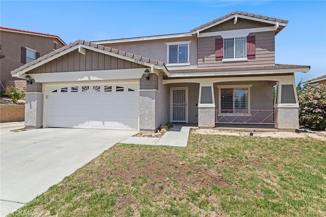 38701 Annette Ave, Palmdale, CA 93551 - craftsman house featuring concrete driveway, a porch, an attached garage, a front lawn, and stucco siding