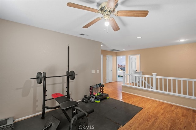 38701 Annette Ave, Palmdale, CA 93551 - workout room featuring wood finished floors, ceiling fan, baseboards, and recessed lighting