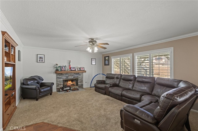 38701 Annette Ave, Palmdale, CA 93551 - living area with crown molding, carpet flooring, a ceiling fan, a textured ceiling, and a fireplace