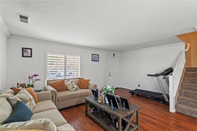 38701 Annette Ave, Palmdale, CA 93551 - living area with stairway, wood finished floors, ornamental molding, and a textured ceiling