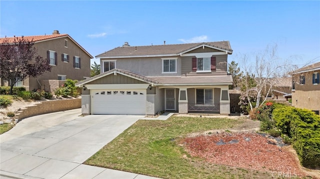 38701 Annette Ave, Palmdale, CA 93551 - view of front of property with a porch, concrete driveway, stucco siding, an attached garage, and a front lawn