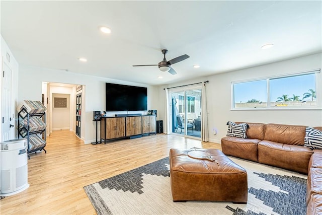7017 Filkins Ave, Rancho Cucamonga, CA 91701 - living room with ceiling fan, light wood-style floors, recessed lighting, and baseboards