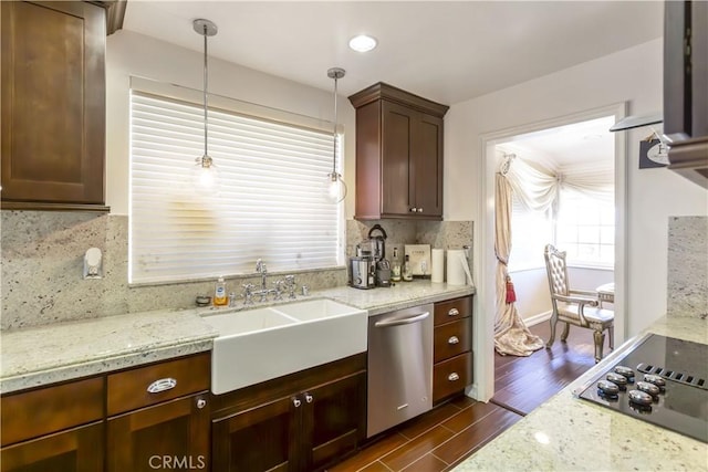 4508 Don Timoteo Dr, Los Angeles, CA 90008 - kitchen with dishwasher, black electric stovetop, tasteful backsplash, dark wood-type flooring, and light stone counters