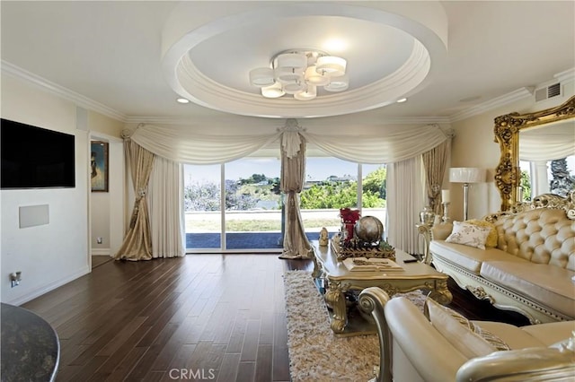 4508 Don Timoteo Dr, Los Angeles, CA 90008 - living room with ornamental molding, plenty of natural light, dark wood-style flooring, recessed lighting, and a chandelier