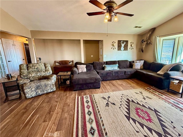 9307 Banderilla Dr, La Grange, CA 95329 - living area with lofted ceiling, ceiling fan, and wood finished floors