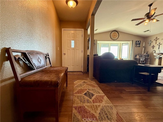 9307 Banderilla Dr, La Grange, CA 95329 - entryway featuring lofted ceiling, hardwood / wood-style flooring, ceiling fan, and a wood stove