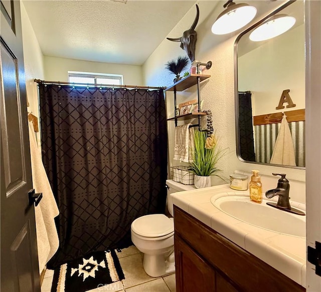 9307 Banderilla Dr, La Grange, CA 95329 - full bathroom featuring vanity, toilet, tile patterned floors, a textured ceiling, and a shower with shower curtain