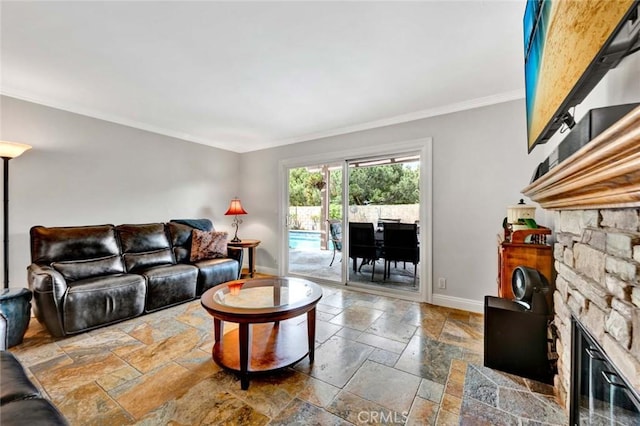3595 Sego St, Irvine, CA 92606 - living area with stone tile flooring, baseboards, crown molding, and a fireplace