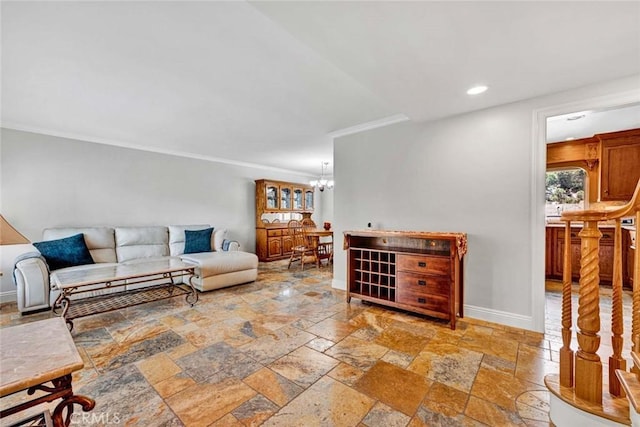 3595 Sego St, Irvine, CA 92606 - living area with crown molding, a chandelier, stone tile flooring, baseboards, and recessed lighting