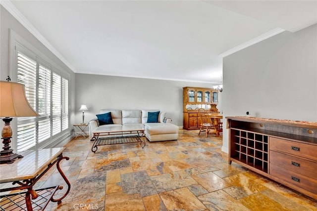 3595 Sego St, Irvine, CA 92606 - living area featuring ornamental molding, stone tile floors, baseboards, and a chandelier