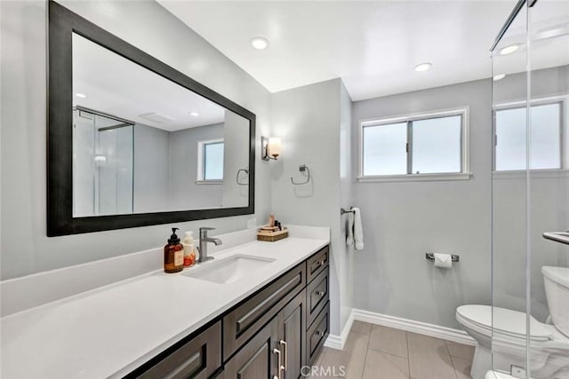 3595 Sego St, Irvine, CA 92606 - full bathroom featuring toilet, vanity, baseboards, recessed lighting, and an enclosed shower