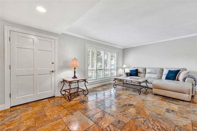 3595 Sego St, Irvine, CA 92606 - living area with stone tile flooring, baseboards, crown molding, and recessed lighting