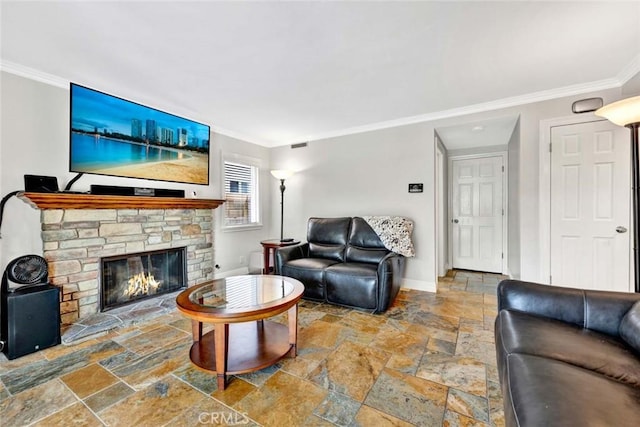3595 Sego St, Irvine, CA 92606 - living area with ornamental molding, stone tile flooring, baseboards, and a stone fireplace