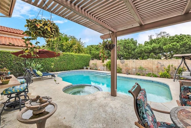 3595 Sego St, Irvine, CA 92606 - view of pool with a fenced backyard, a pergola, a pool with connected hot tub, and a patio