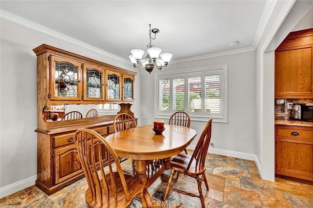 3595 Sego St, Irvine, CA 92606 - dining space featuring a chandelier, baseboards, crown molding, and stone tile floors