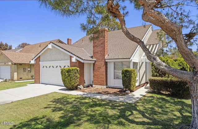 196 Mariposa Dr, Camarillo, CA 93012 - view of front of home featuring a chimney, an attached garage, a shingled roof, and concrete driveway
