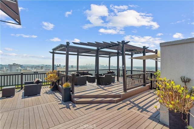 7250 Franklin Ave Unit 406, Los Angeles, CA 90046 - wooden terrace with outdoor lounge area, a pergola, and a water view