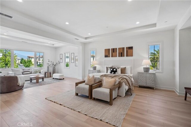 51 Eider Run, Irvine, CA 92618 - bedroom with a tray ceiling, light wood-style flooring, multiple windows, and recessed lighting