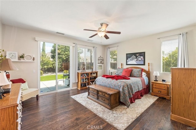 27840 Pointe Breeze Dr, Menifee, CA 92585 - bedroom with access to exterior, dark wood-style floors, and ceiling fan