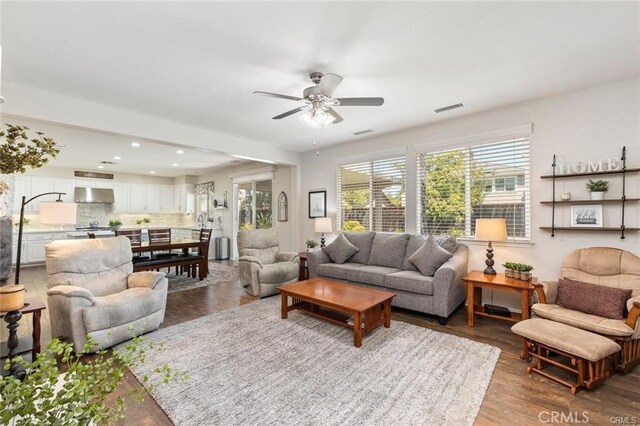 27840 Pointe Breeze Dr, Menifee, CA 92585 - living room with a ceiling fan, wood finished floors, and recessed lighting