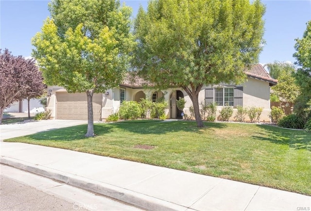 27840 Pointe Breeze Dr, Menifee, CA 92585 - view of property hidden behind natural elements with stucco siding, driveway, a front lawn, and an attached garage