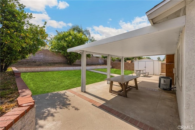 6859 Mango St, Rancho Cucamonga, CA 91701 - fenced backyard with a storage unit and a patio area