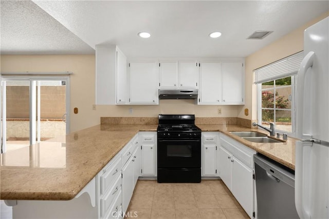 6859 Mango St, Rancho Cucamonga, CA 91701 - kitchen with black range with gas stovetop, under cabinet range hood, stainless steel dishwasher, a peninsula, and freestanding refrigerator
