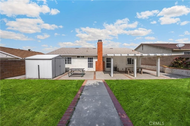 6859 Mango St, Rancho Cucamonga, CA 91701 - back of property with a storage unit, a patio, a pergola, stucco siding, and a fenced backyard