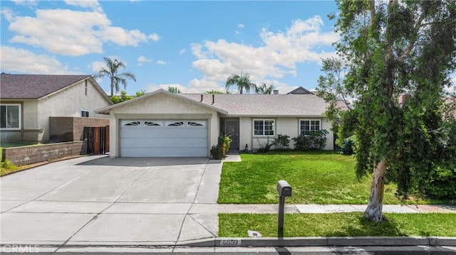 6859 Mango St, Rancho Cucamonga, CA 91701 - ranch-style house with a garage, stucco siding, concrete driveway, and a front lawn