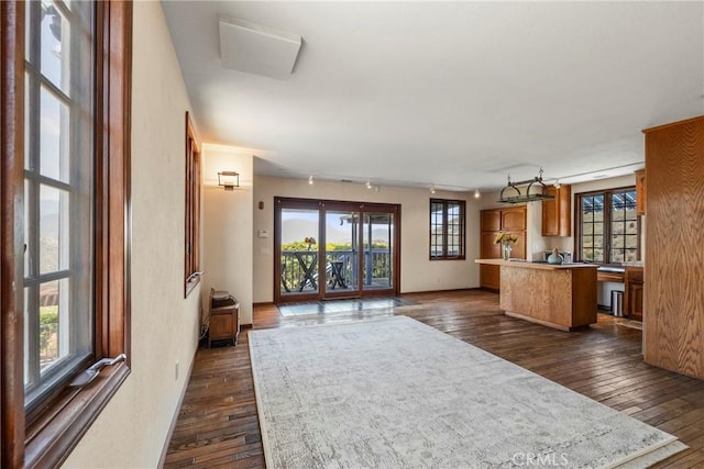 335 Rainbow Crest Rd, Fallbrook, CA 92028 - unfurnished living room featuring dark wood-style floors and rail lighting
