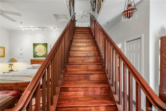 335 Rainbow Crest Rd, Fallbrook, CA 92028 - stairway featuring a ceiling fan and track lighting