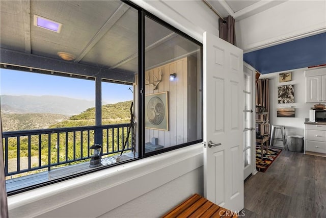 335 Rainbow Crest Rd, Fallbrook, CA 92028 - hallway with a mountain view and dark wood-style flooring
