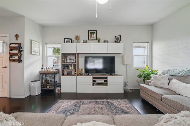 4819 Church St, Pico Rivera, CA 90660 - living area featuring baseboards, dark wood finished floors, and ceiling fan