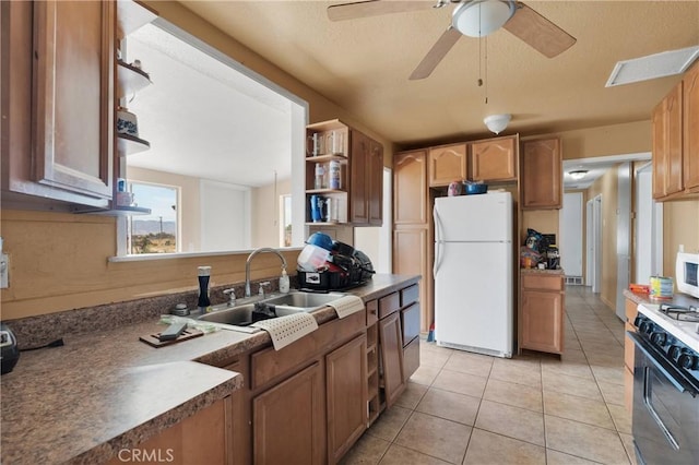 11225 1st St, Hesperia, CA 92345 - kitchen featuring white appliances, a sink, light tile patterned floors, open shelves, and ceiling fan