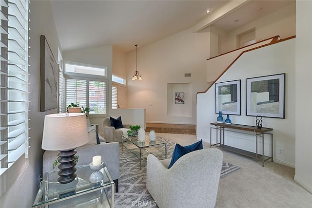 24650 Via Melinda, Yorba Linda, CA 92887 - living room featuring high vaulted ceiling, baseboards, and carpet floors