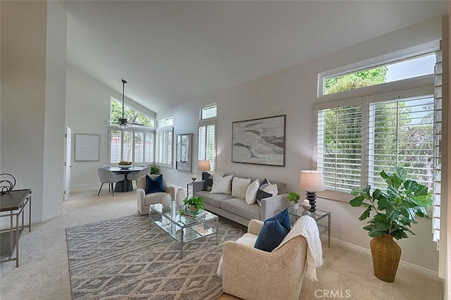 24650 Via Melinda, Yorba Linda, CA 92887 - carpeted living area featuring baseboards, a ceiling fan, and high vaulted ceiling