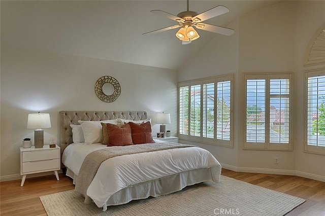 24650 Via Melinda, Yorba Linda, CA 92887 - bedroom with wood finished floors, high vaulted ceiling, baseboards, and a ceiling fan