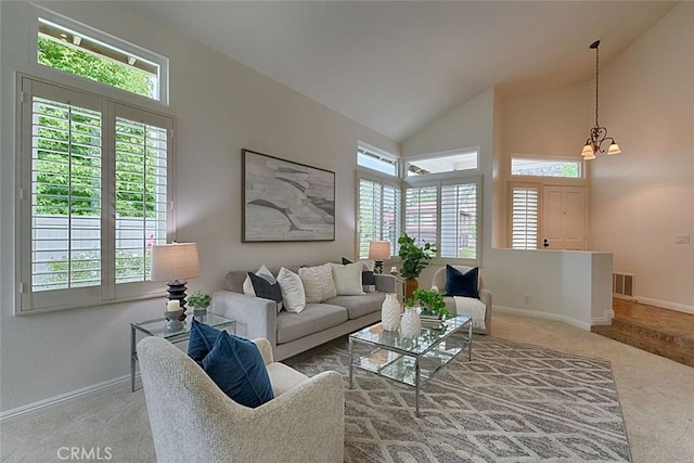 24650 Via Melinda, Yorba Linda, CA 92887 - living room with plenty of natural light, carpet flooring, and high vaulted ceiling