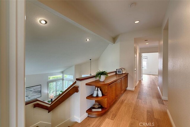 24650 Via Melinda, Yorba Linda, CA 92887 - hallway with light wood-type flooring, baseboards, recessed lighting, and lofted ceiling