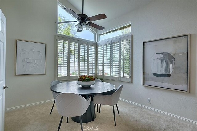 24650 Via Melinda, Yorba Linda, CA 92887 - carpeted dining room with plenty of natural light, baseboards, ceiling fan, and a high ceiling