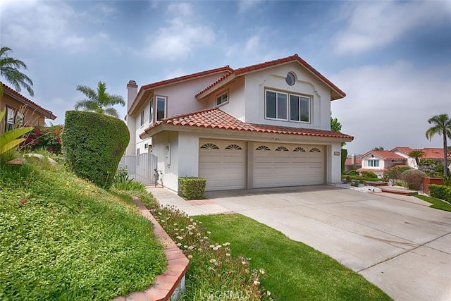 24650 Via Melinda, Yorba Linda, CA 92887 - mediterranean / spanish house with stucco siding, concrete driveway, a garage, a tiled roof, and a chimney