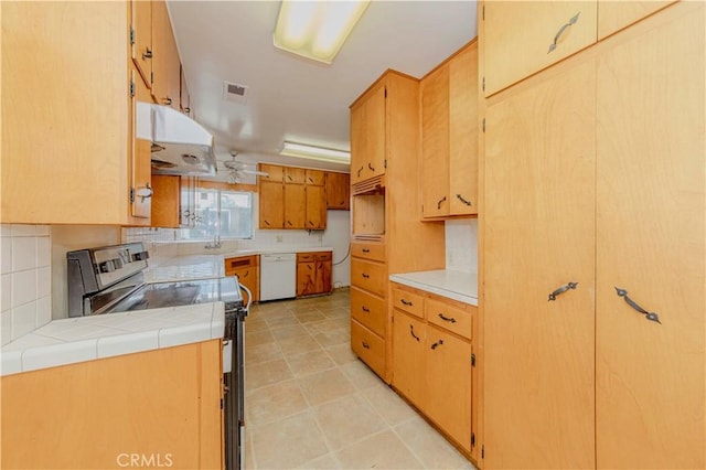 7236 Hellman Ave, Rancho Cucamonga, CA 91701 - kitchen featuring stainless steel range with electric cooktop, under cabinet range hood, white dishwasher, and decorative backsplash